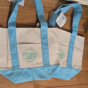 NWT TRADER JOES Mini Pastel Blue and White Canvas Tote Bag